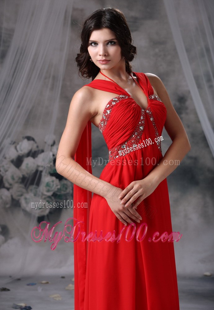 Halter V-neck Beading and Ruches Decorate on Floor-length Chiffon Prom Gown