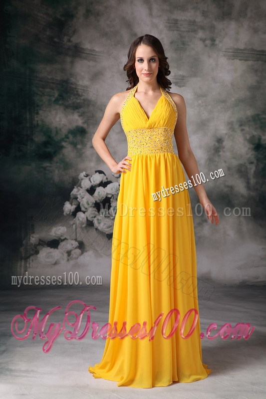 Empire Halter Chiffon Beaded Brush Train Evening Dress in Yellow