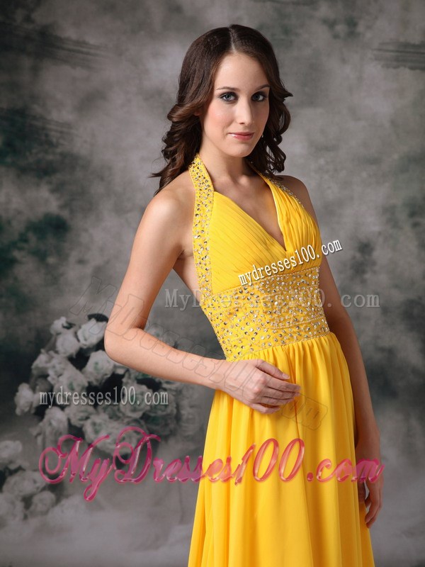 Empire Halter Chiffon Beaded Brush Train Evening Dress in Yellow