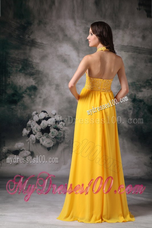 Empire Halter Chiffon Beaded Brush Train Evening Dress in Yellow