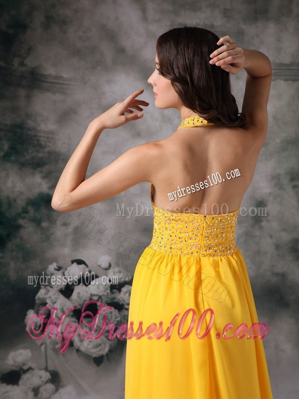Empire Halter Chiffon Beaded Brush Train Evening Dress in Yellow