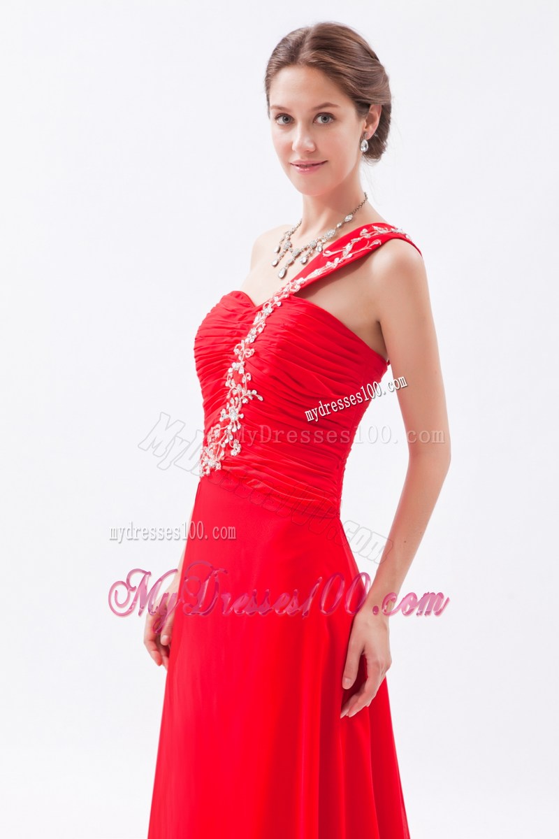 Red Empire One Shoulder Appliques Prom Dress with Ruching