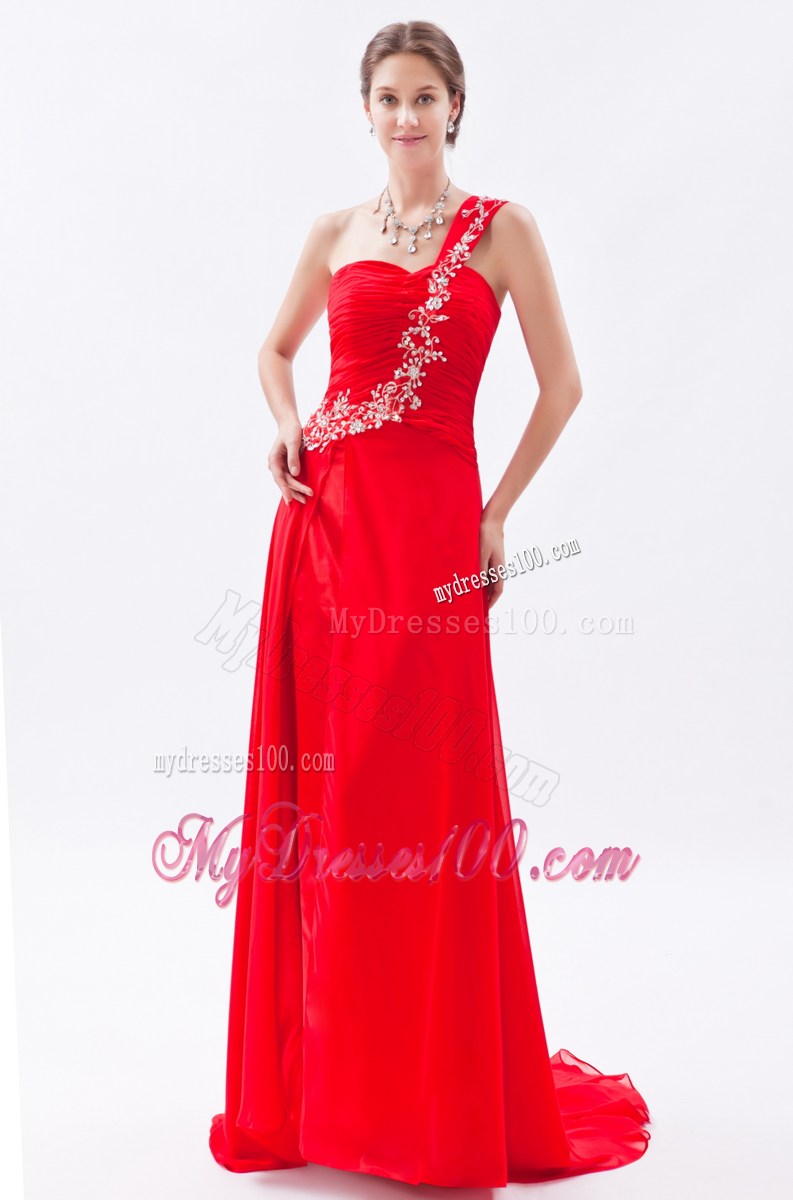 Red Empire One Shoulder Appliques Prom Dress with Ruching