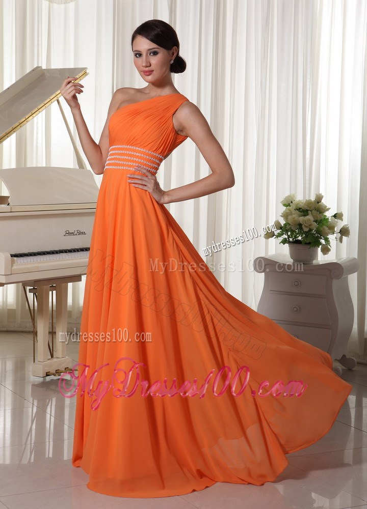 Orange Chiffon One Shoulder Ruched and Beaded Prom Dress with Back Out