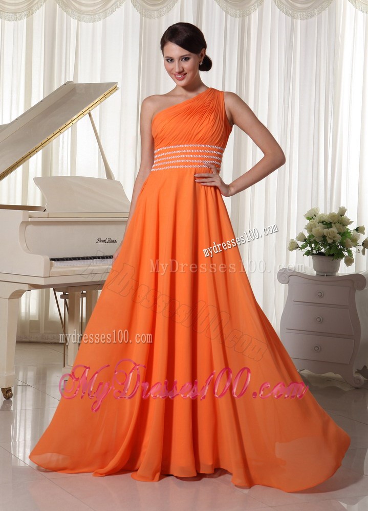 Orange Chiffon One Shoulder Ruched and Beaded Prom Dress with Back Out