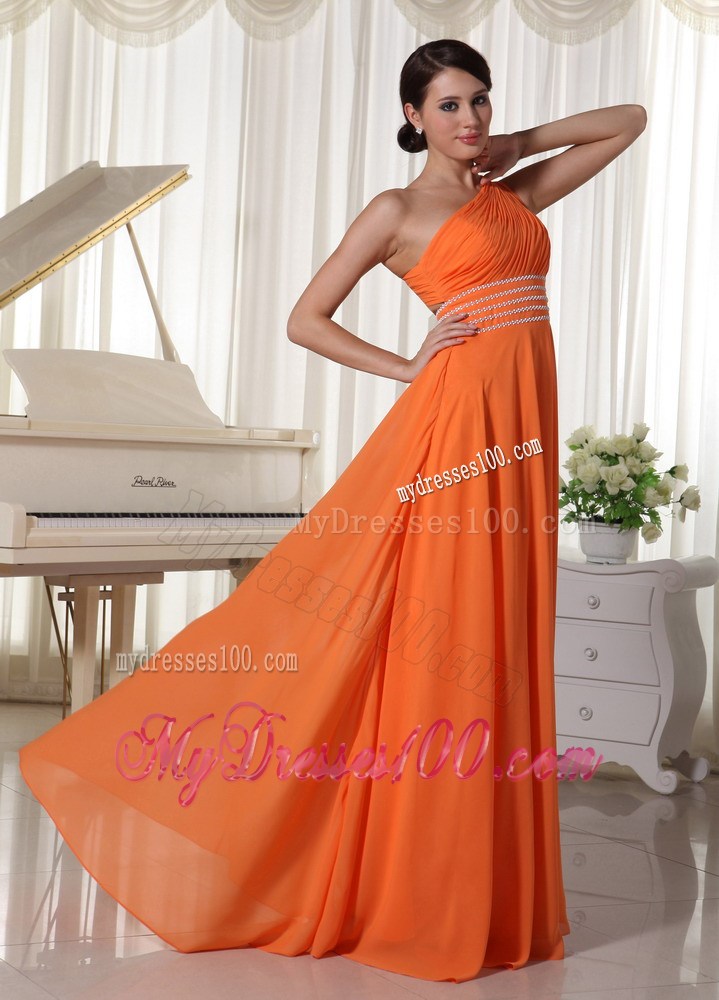 Orange Chiffon One Shoulder Ruched and Beaded Prom Dress with Back Out