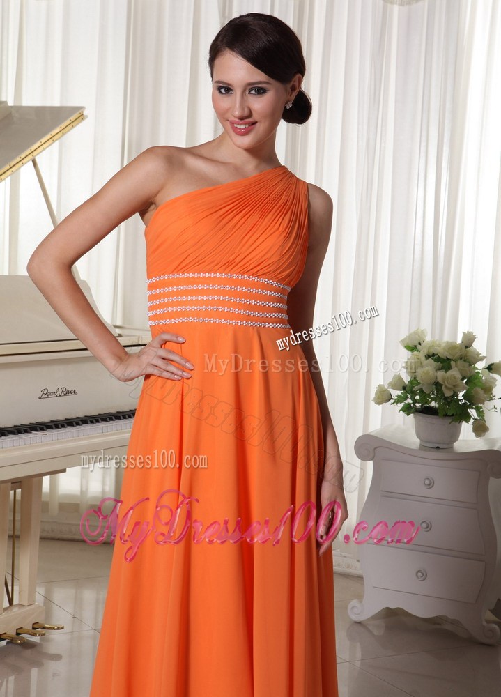 Orange Chiffon One Shoulder Ruched and Beaded Prom Dress with Back Out