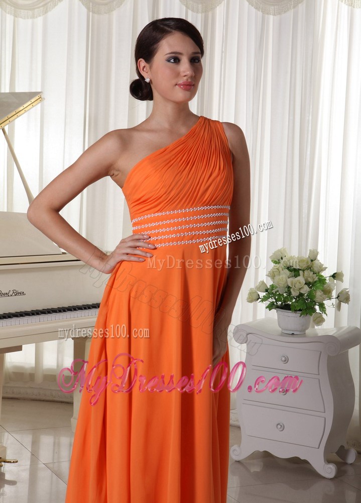 Orange Chiffon One Shoulder Ruched and Beaded Prom Dress with Back Out