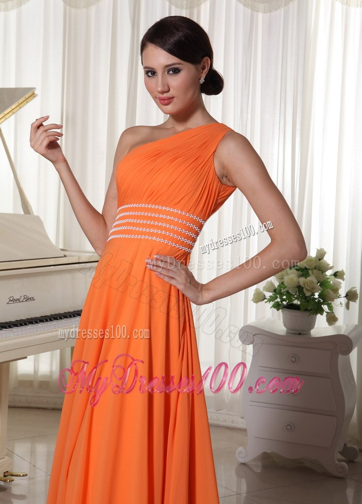 Orange Chiffon One Shoulder Ruched and Beaded Prom Dress with Back Out