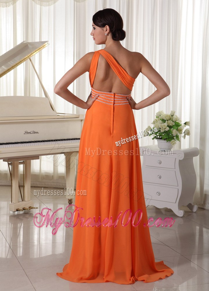 Orange Chiffon One Shoulder Ruched and Beaded Prom Dress with Back Out