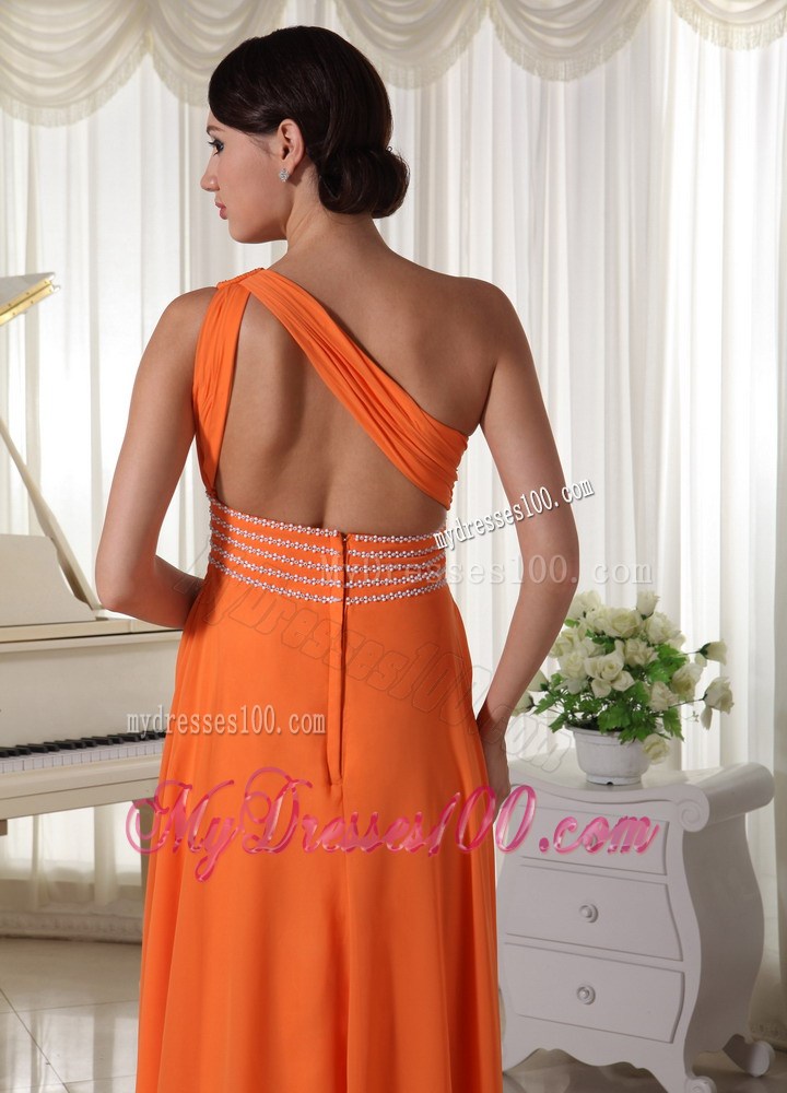 Orange Chiffon One Shoulder Ruched and Beaded Prom Dress with Back Out