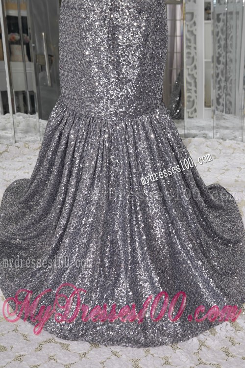 Grey Brush Train Prom Gown with Sequins and Navy Blue Sash and Hemline