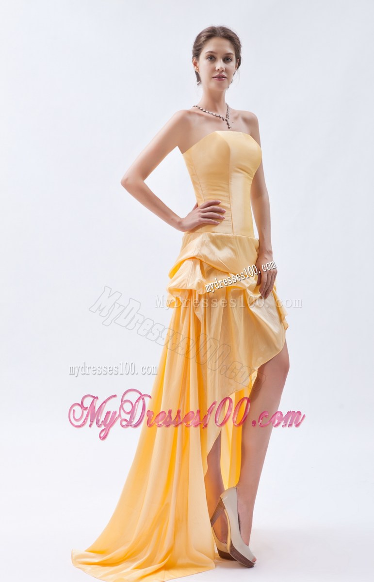 Champagne Column High-low Prom Dress Taffeta Prom Dress with Pick-ups