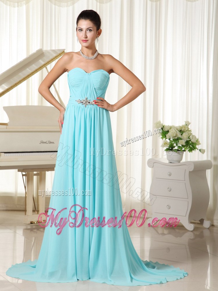 Aqua Blue Ruched Bodice for Brush Train Prom Dress with Rhinestones