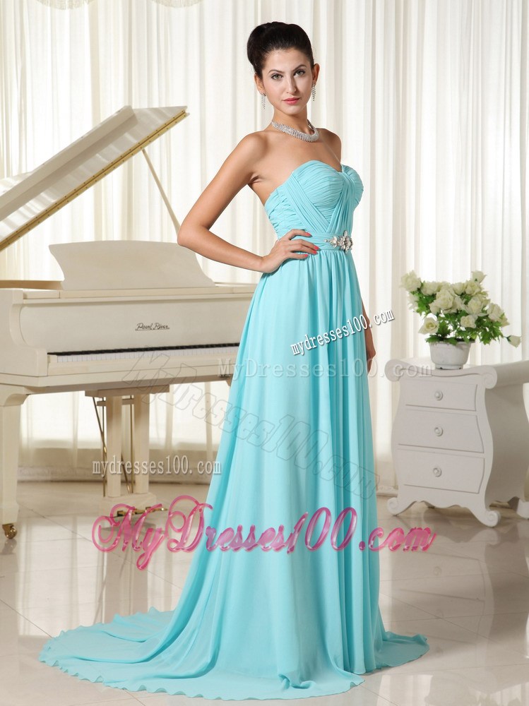 Aqua Blue Ruched Bodice for Brush Train Prom Dress with Rhinestones