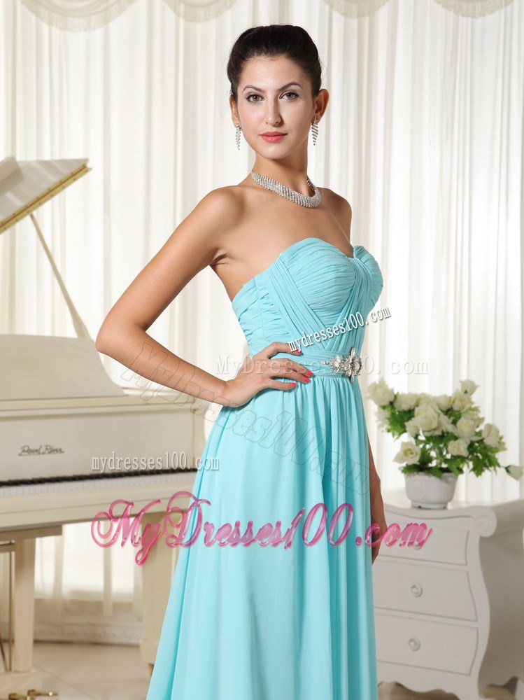 Aqua Blue Ruched Bodice for Brush Train Prom Dress with Rhinestones