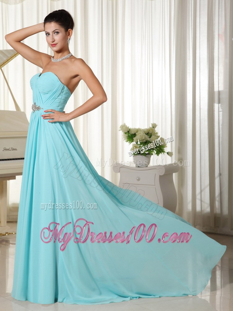 Aqua Blue Ruched Bodice for Brush Train Prom Dress with Rhinestones