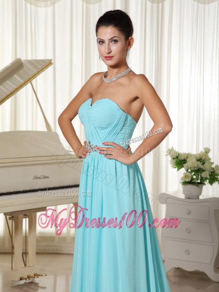 Aqua Blue Ruched Bodice for Brush Train Prom Dress with Rhinestones