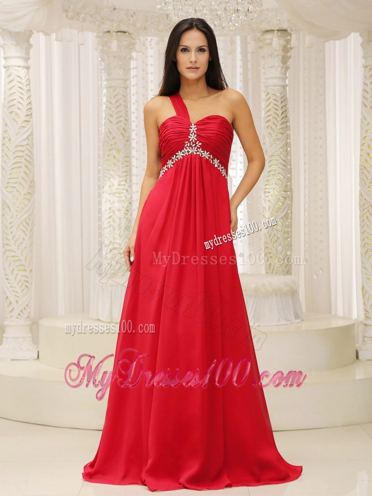 One Shoulder Red Back Out Prom Evening Dress with Ruche and Appliques