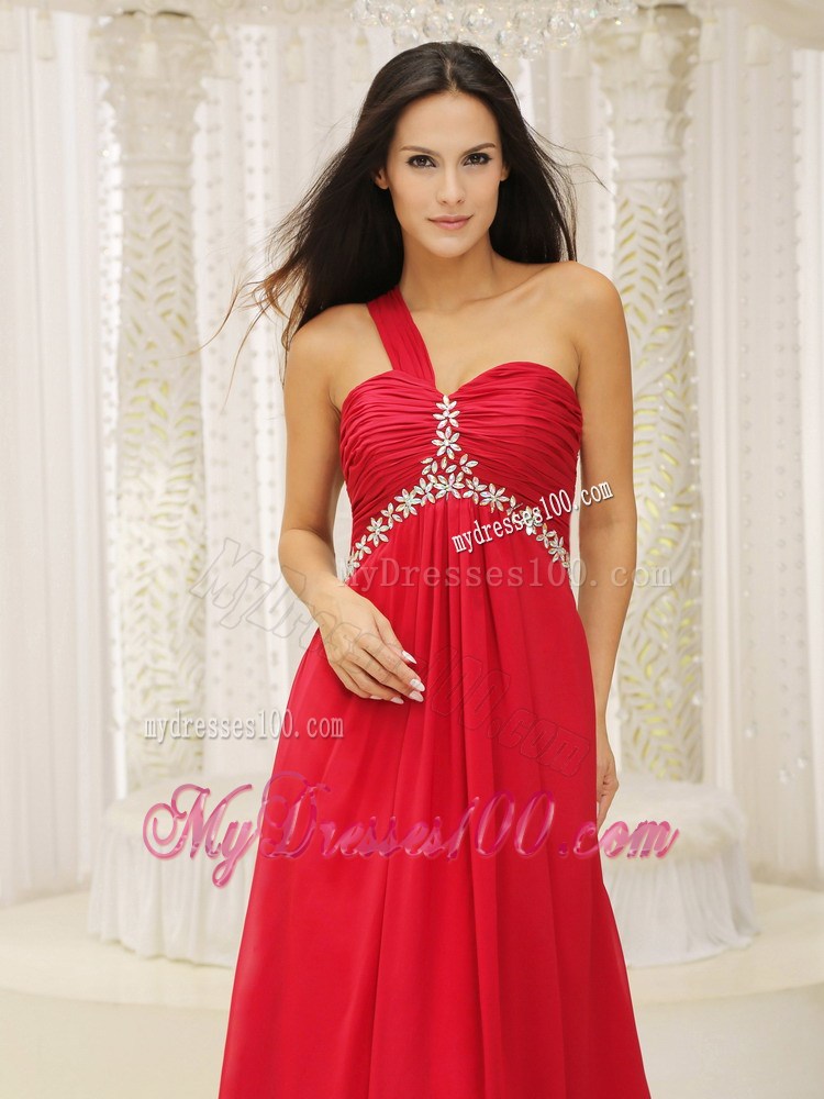 One Shoulder Red Back Out Prom Evening Dress with Ruche and Appliques