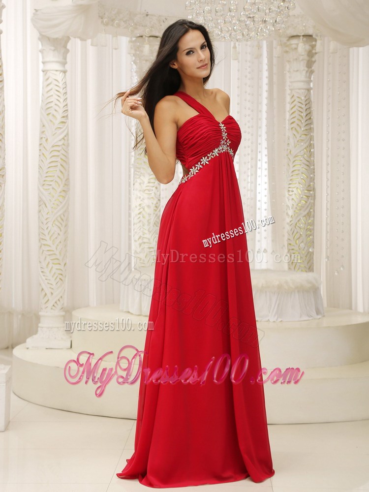 One Shoulder Red Back Out Prom Evening Dress with Ruche and Appliques