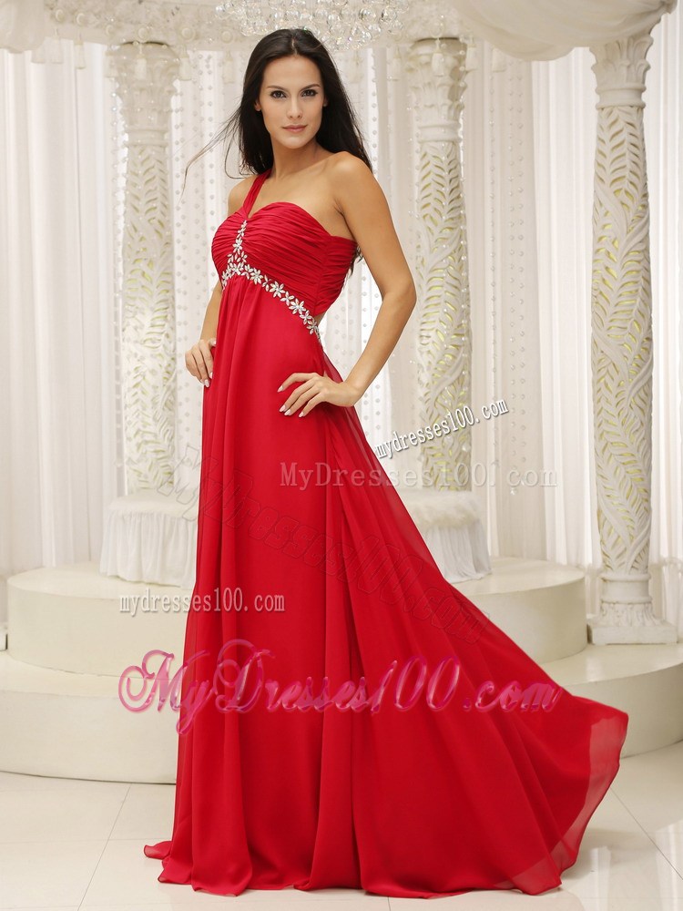 One Shoulder Red Back Out Prom Evening Dress with Ruche and Appliques