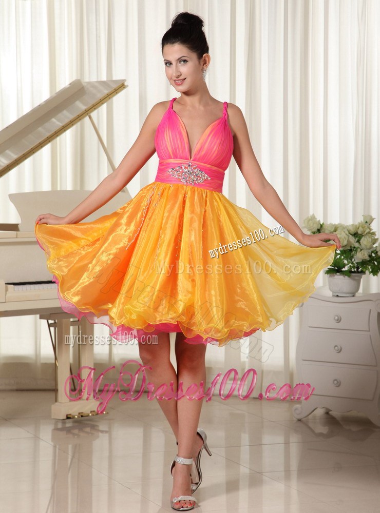 Colorful Princess Beading Decorated Prom Dress with Straps and V-neck