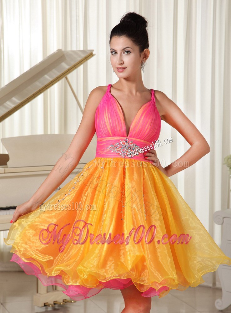 Colorful Princess Beading Decorated Prom Dress with Straps and V-neck