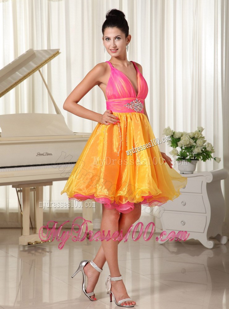 Colorful Princess Beading Decorated Prom Dress with Straps and V-neck