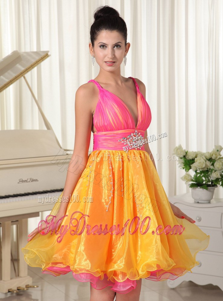 Colorful Princess Beading Decorated Prom Dress with Straps and V-neck