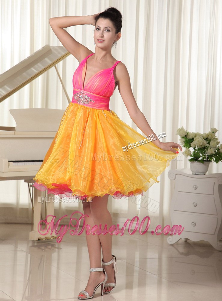 Colorful Princess Beading Decorated Prom Dress with Straps and V-neck