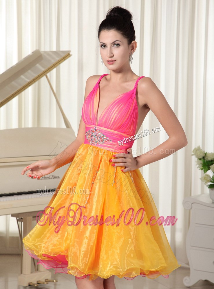Colorful Princess Beading Decorated Prom Dress with Straps and V-neck