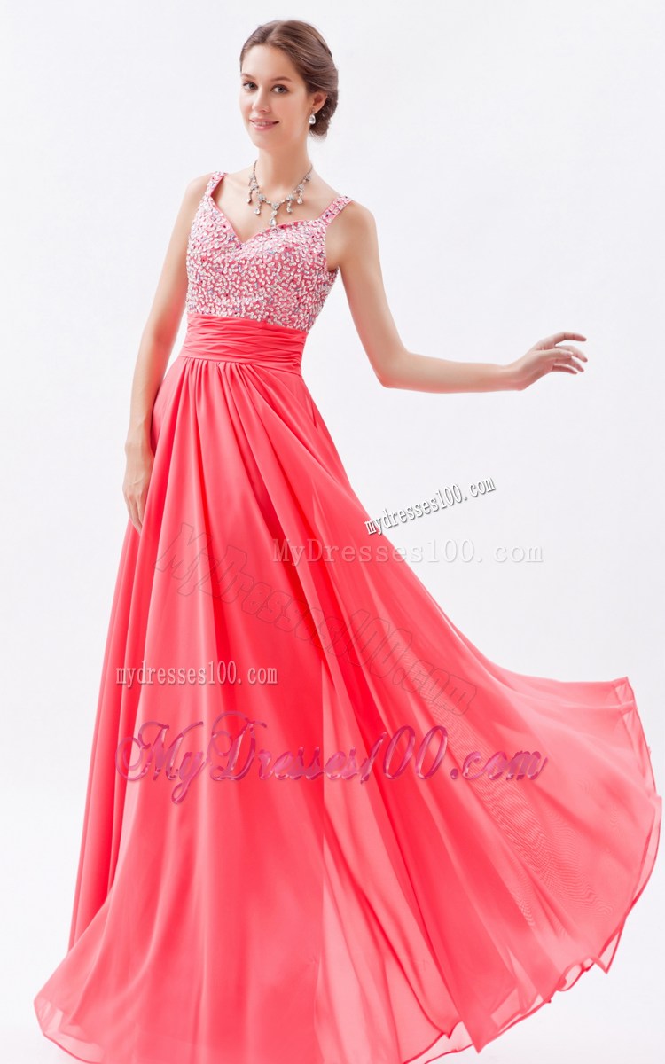 Floor-length Coral Red Empire Straps Chiffon Prom Dress with Beading