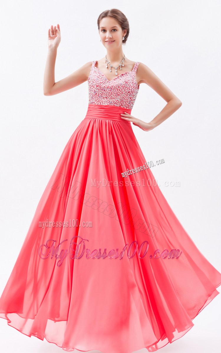 Floor-length Coral Red Empire Straps Chiffon Prom Dress with Beading