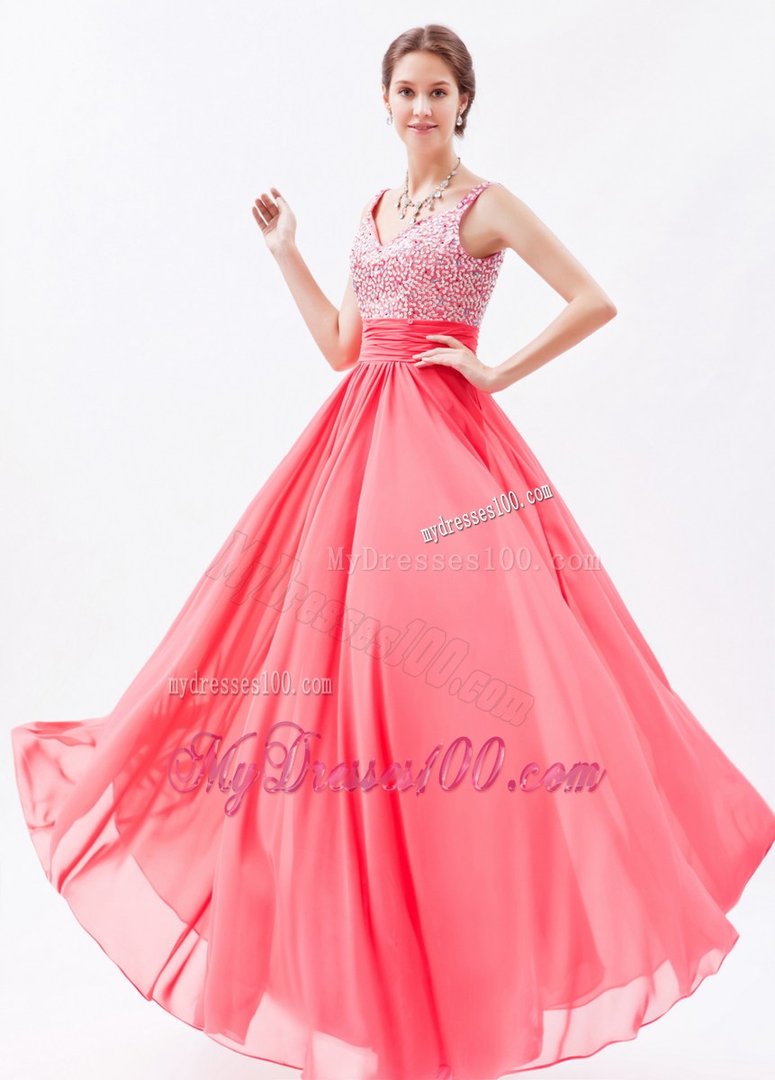 Floor-length Coral Red Empire Straps Chiffon Prom Dress with Beading