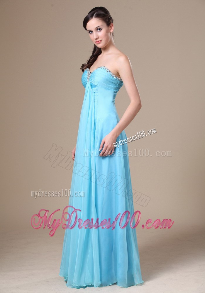 Chiffon Beading and Ruche Decorate Aqua Blue Prom Dress with Sweetheart