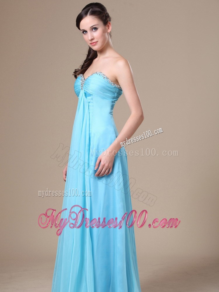 Chiffon Beading and Ruche Decorate Aqua Blue Prom Dress with Sweetheart