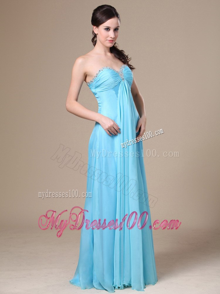 Chiffon Beading and Ruche Decorate Aqua Blue Prom Dress with Sweetheart