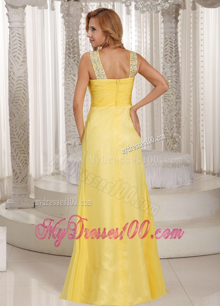 V-neck Light Yellow Chiffon Floor-length Prom Dress with Ruches and Beading