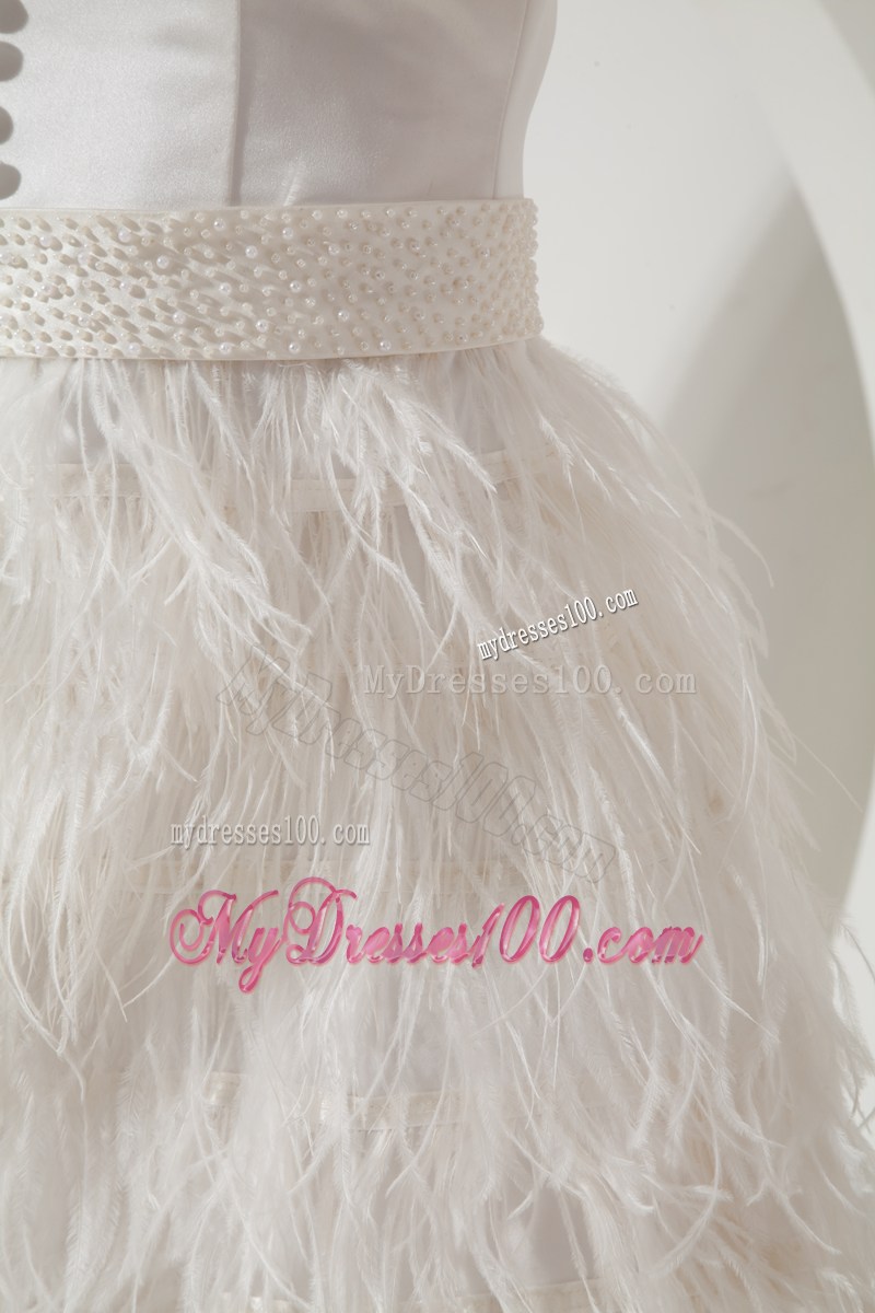 White A-line Scoop Feather Beading Decorated Prom Homecoming Dress