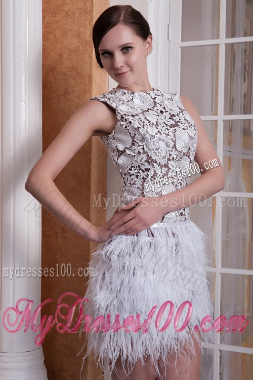White Column Scoop Feather and Hallow Flowers Decorate Prom Evening Dress