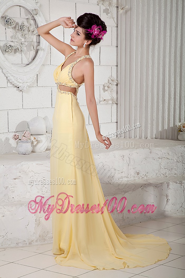 Light Yellow Brush Train Chiffon Prom Dress with Beading and Criss Cross Back