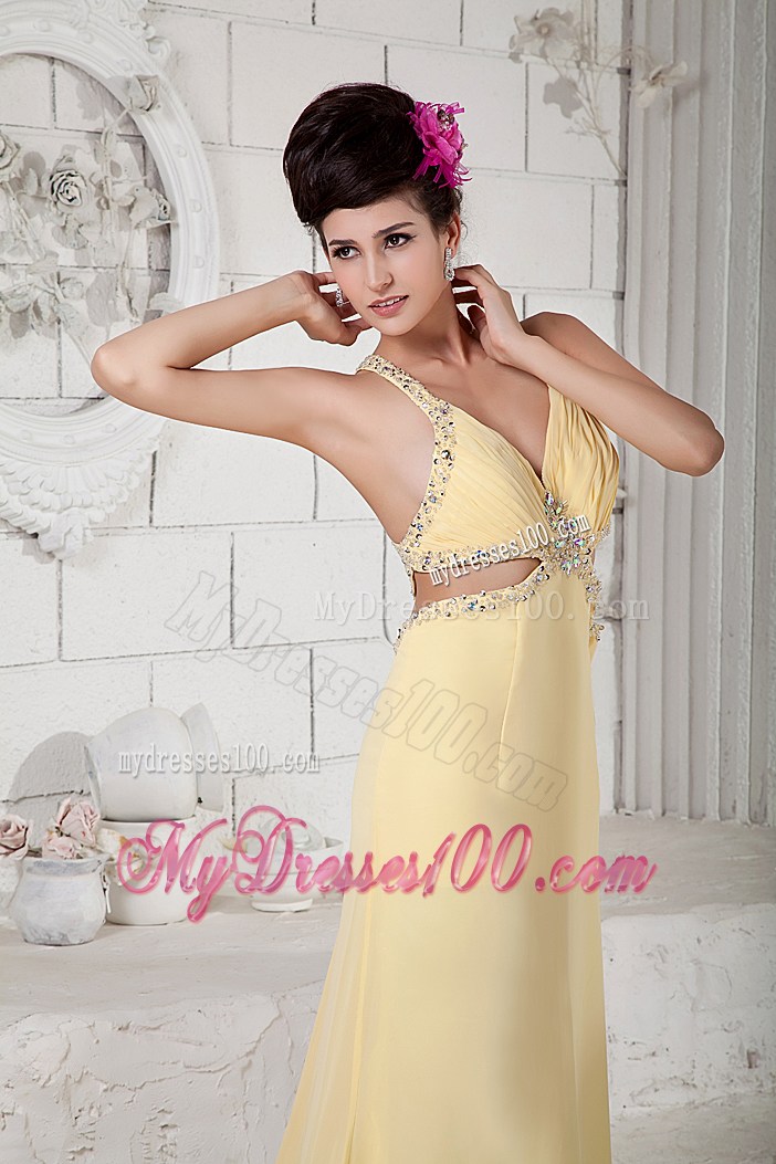 Light Yellow Brush Train Chiffon Prom Dress with Beading and Criss Cross Back