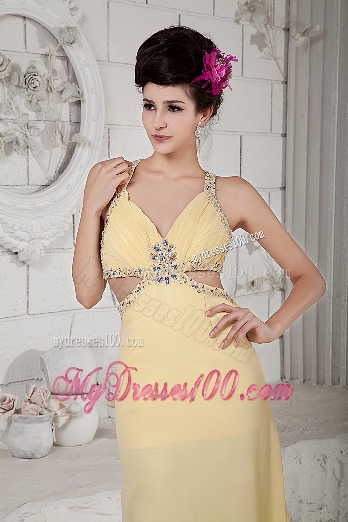 Light Yellow Brush Train Chiffon Prom Dress with Beading and Criss Cross Back