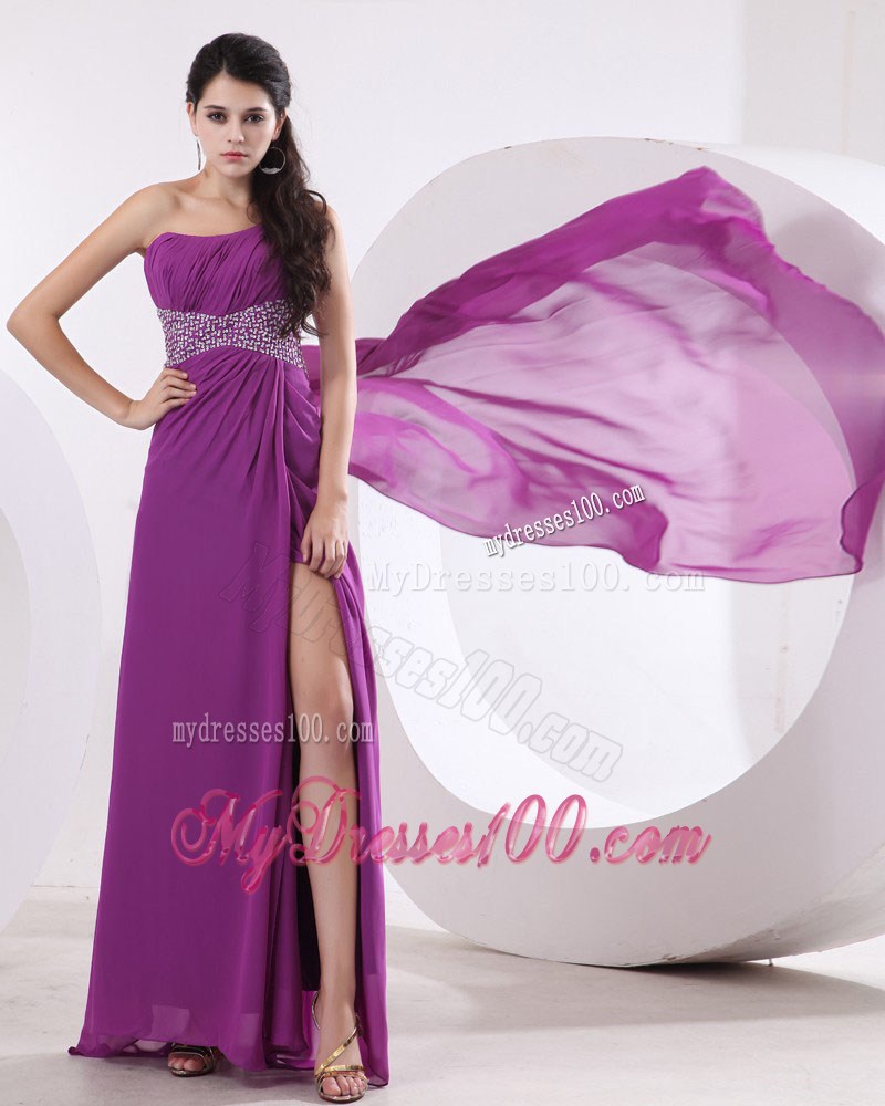 Fuchsia One Shoulder Beaded Prom Evening Dress with and High Slit