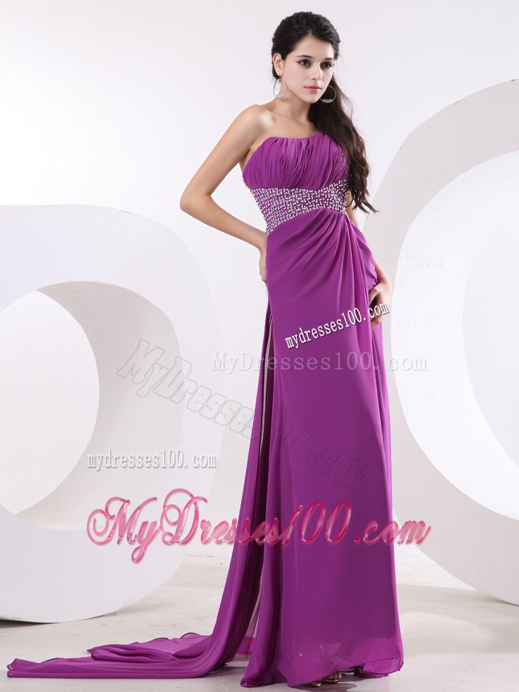 Fuchsia One Shoulder Beaded Prom Evening Dress with and High Slit