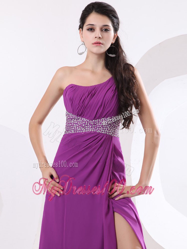 Fuchsia One Shoulder Beaded Prom Evening Dress with and High Slit