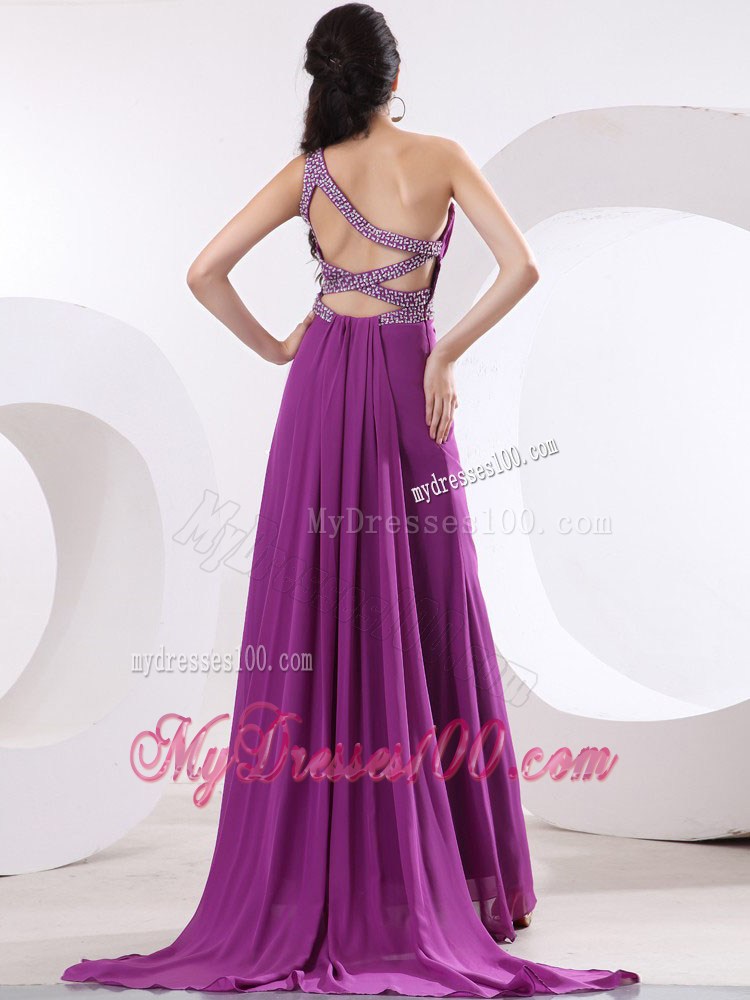 Fuchsia One Shoulder Beaded Prom Evening Dress with and High Slit