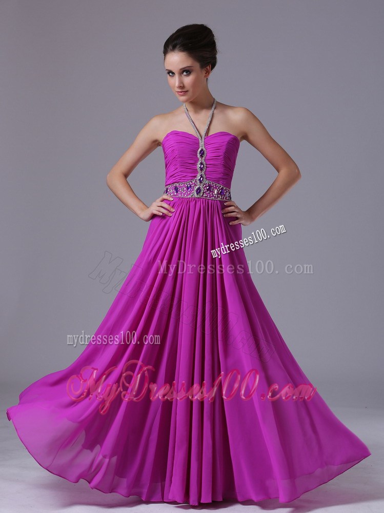 Halter Beaded and Ruched Floor-length Fuchsia Chiffon Prom Dresses with Pleats