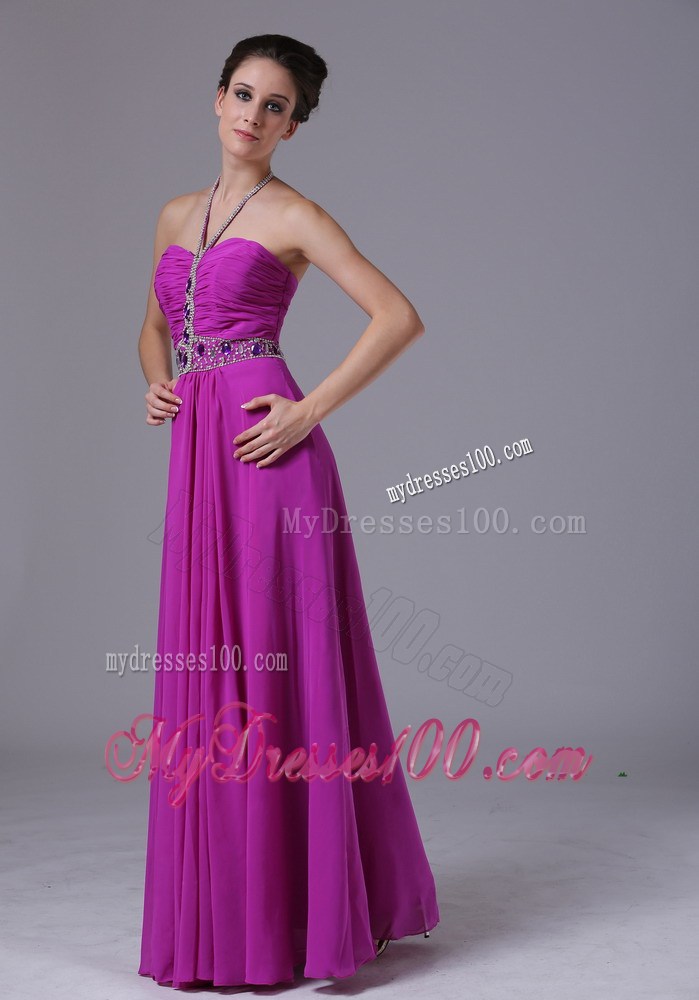 Halter Beaded and Ruched Floor-length Fuchsia Chiffon Prom Dresses with Pleats